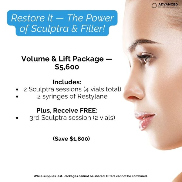 Purchase 2 Sessions of Sculptra + 2 Restylane Dermal Fillers, receive 3rd session of Sculptra Free $5600 (save $1800)